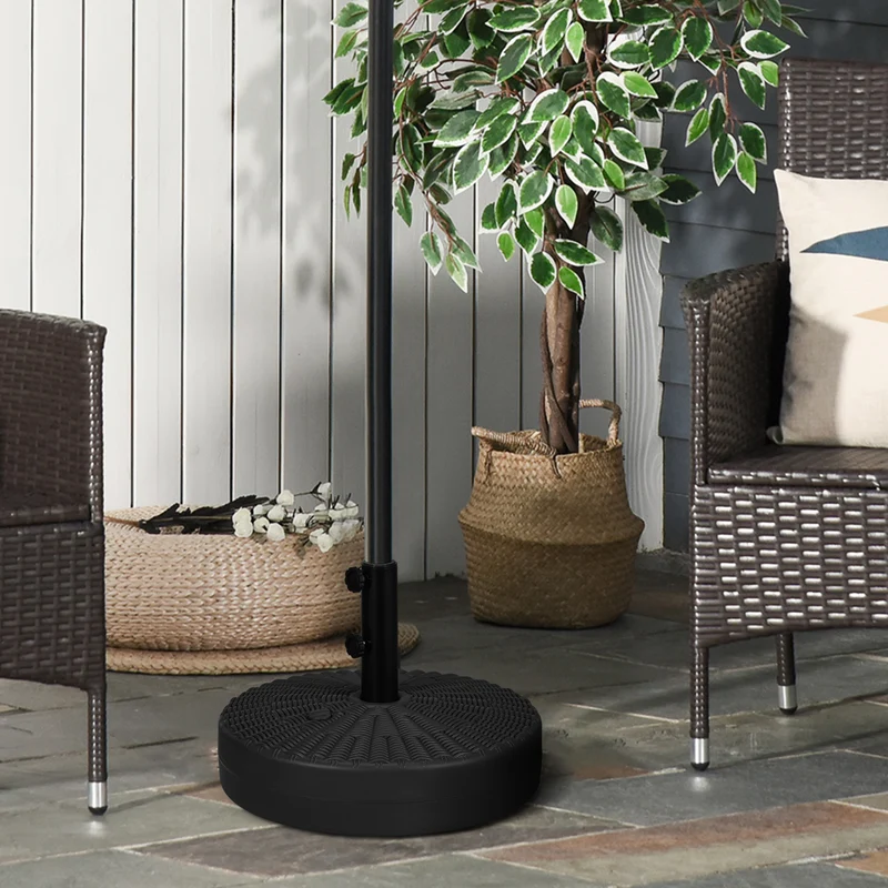 Outsunny Base de Sombrilla Redondo Soporte para Parasol Rellenable de Agua 22 kg y Arena 29 kg para Poste de Parasol de Ø38/48 mm Superficie de Imitación de Ratán Ø51x36 cm Negro