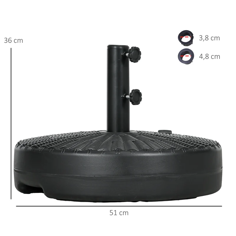 Outsunny Base de Sombrilla Redondo Soporte para Parasol Rellenable de Agua 22 kg y Arena 29 kg para Poste de Parasol de Ø38/48 mm Superficie de Imitación de Ratán Ø51x36 cm Negro