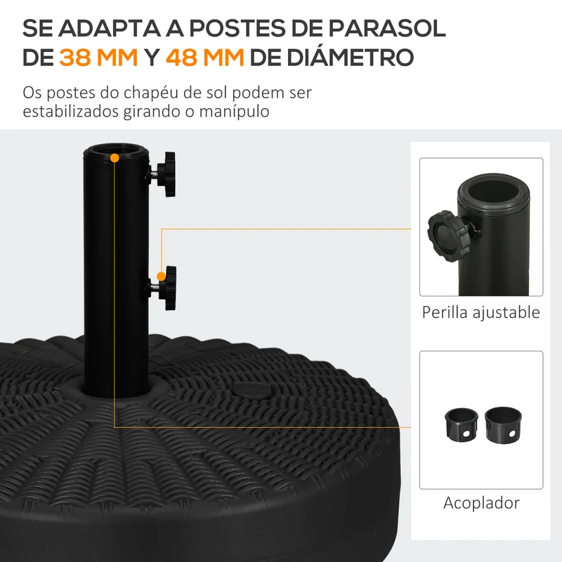Outsunny Base de Sombrilla Redondo Soporte para Parasol Rellenable de Agua 22 kg y Arena 29 kg para Poste de Parasol de Ø38/48 mm Superficie de Imitación de Ratán Ø51x36 cm Negro