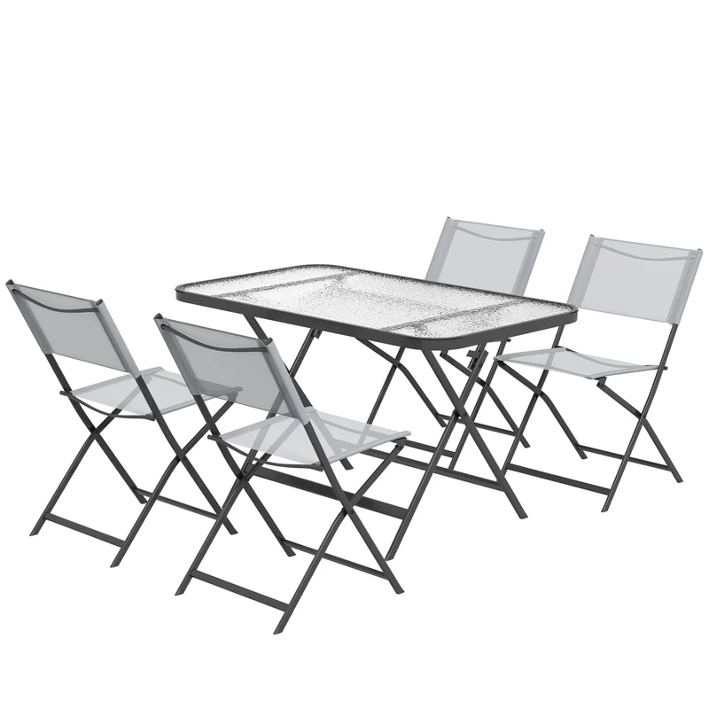 Outsunny Conjunto de Jardín Conjunto de Comedor de Exterior de 5 Piezas Incluye 1 Mesa de Vidrio Templado y 4 Sillas Plegables Estilo Moderno para Terraza Patio Gris