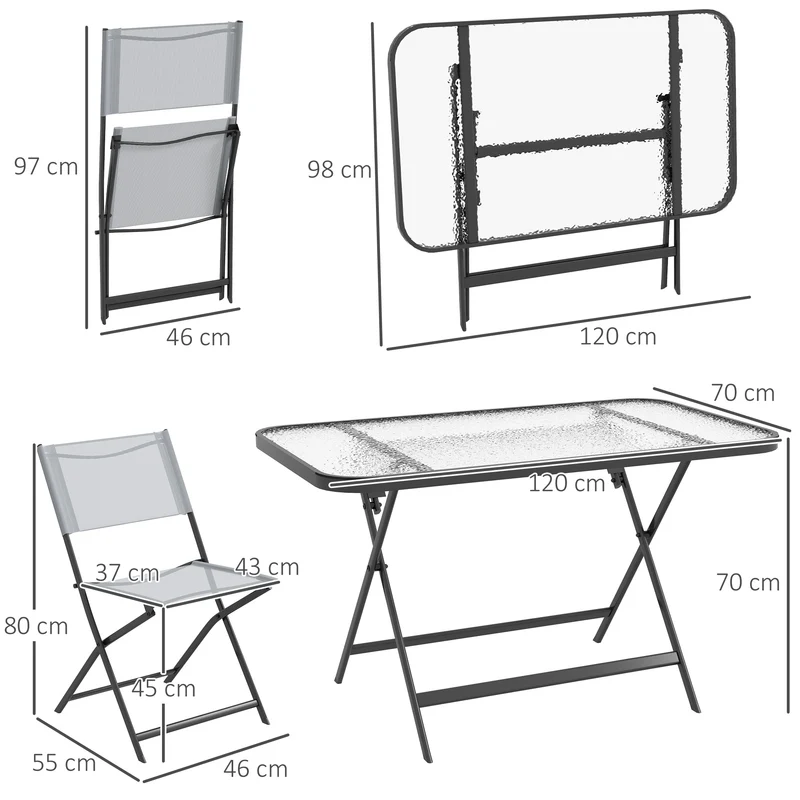 Outsunny Conjunto de Jardín Conjunto de Comedor de Exterior de 5 Piezas Incluye 1 Mesa de Vidrio Templado y 4 Sillas Plegables Estilo Moderno para Terraza Patio Gris