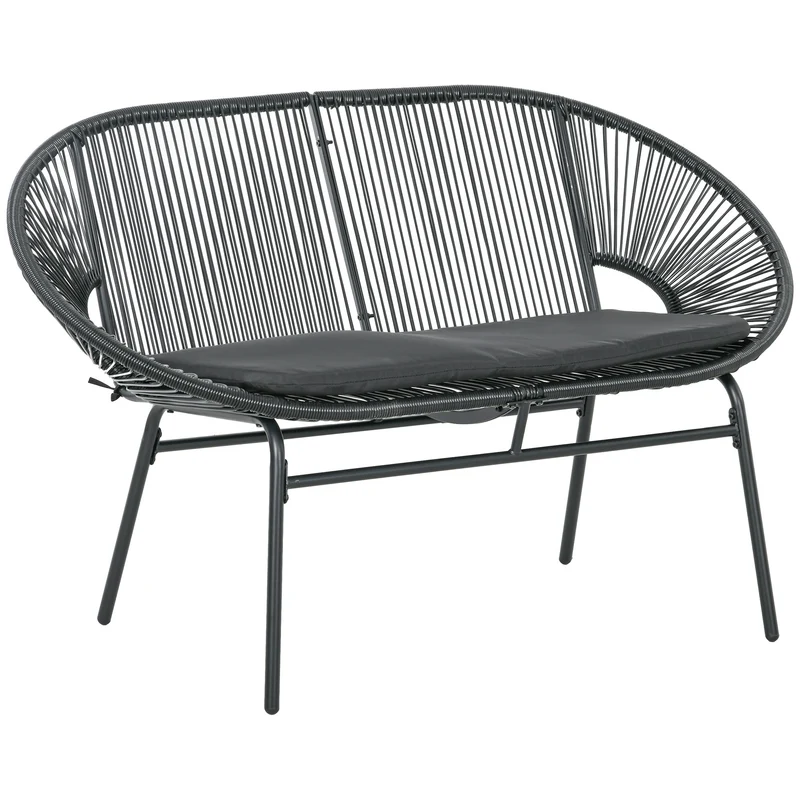 Outsunny Silla Acapulco de 2 Plazas Silla de Jardín con Reposabrazos Cojines y Marco de Acero Carga 260 kg para Balcón Terraza Patio 132x72x83 cm Negro