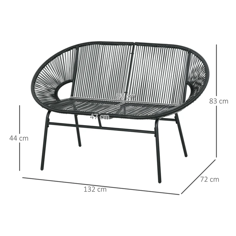 Outsunny Silla Acapulco de 2 Plazas Silla de Jardín con Reposabrazos Cojines y Marco de Acero Carga 260 kg para Balcón Terraza Patio 132x72x83 cm Negro
