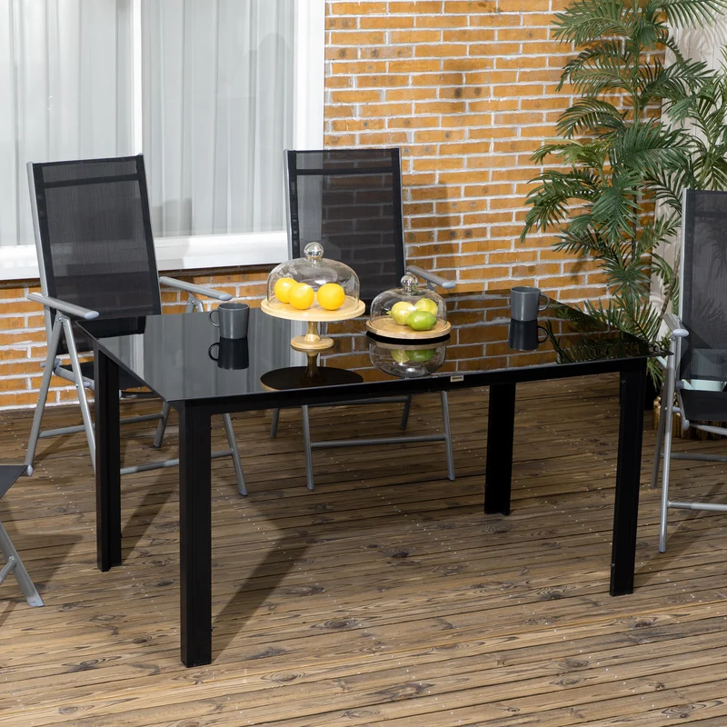 Outsunny Mesa de Jardín Rectangular para 6 Personas con Marco de Aluminio Mesa de Comedor Exterior con Tablero de Vidrio Templado Carga 50 kg para Terraza Balcón 150x90x74 cm Negro