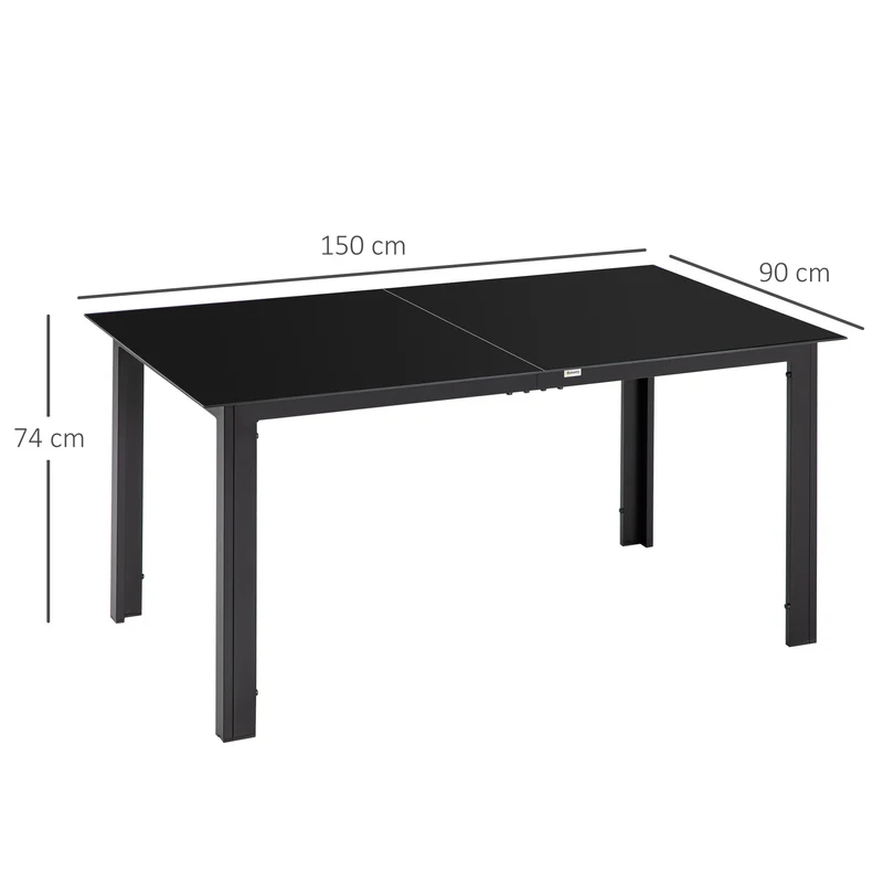 Outsunny Mesa de Jardín Rectangular para 6 Personas con Marco de Aluminio Mesa de Comedor Exterior con Tablero de Vidrio Templado Carga 50 kg para Terraza Balcón 150x90x74 cm Negro