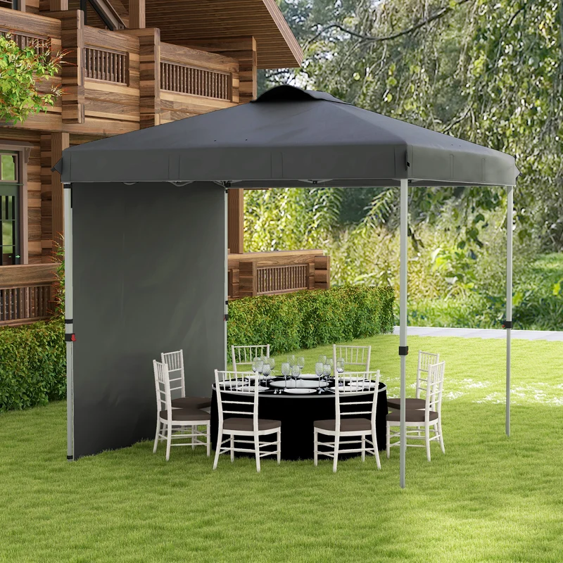 Outsunny Carpa Plegable 2,5x2,5 m Cenador de Jardín con 1 Pared Lateral Altura Ajustable en 3 Niveles Anti-UV Impermeable y Bolsa de Arena Gazebo para Exterior Camping Fiestas Gris Oscuro