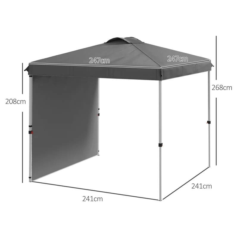 Outsunny Carpa Plegable 2,5x2,5 m Cenador de Jardín con 1 Pared Lateral Altura Ajustable en 3 Niveles Anti-UV Impermeable y Bolsa de Arena Gazebo para Exterior Camping Fiestas Gris Oscuro