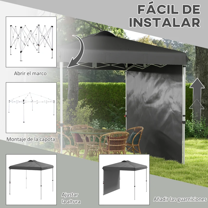 Outsunny Carpa Plegable 2,5x2,5 m Cenador de Jardín con 1 Pared Lateral Altura Ajustable en 3 Niveles Anti-UV Impermeable y Bolsa de Arena Gazebo para Exterior Camping Fiestas Gris Oscuro