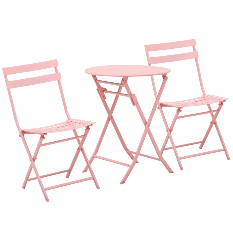 Outsunny Conjunto de Muebles de Jardín Plegable Juego de 1 Mesa Redonda y 2 Sillas de Terraza con Marco de Acero y Respaldo para Balcón Patio Rosa