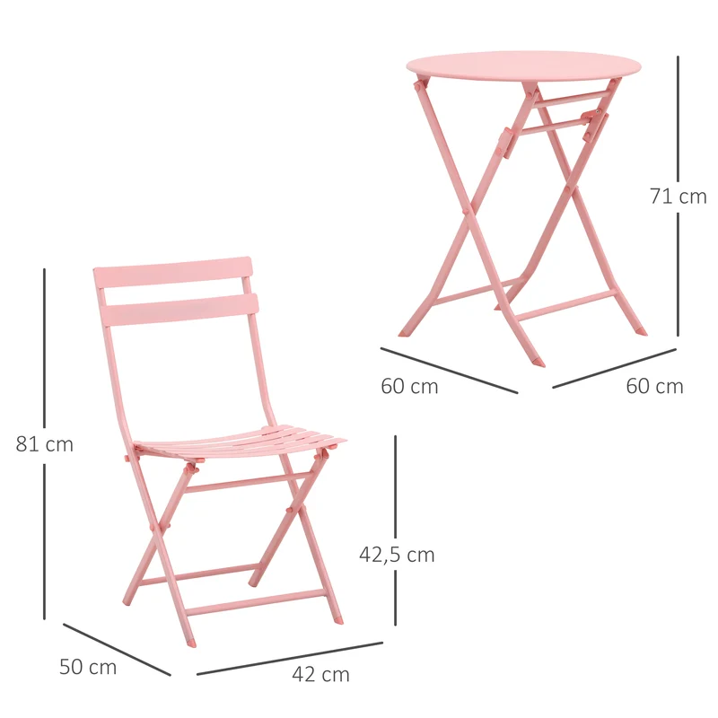 Outsunny Conjunto de Muebles de Jardín Plegable Juego de 1 Mesa Redonda y 2 Sillas de Terraza con Marco de Acero y Respaldo para Balcón Patio Rosa