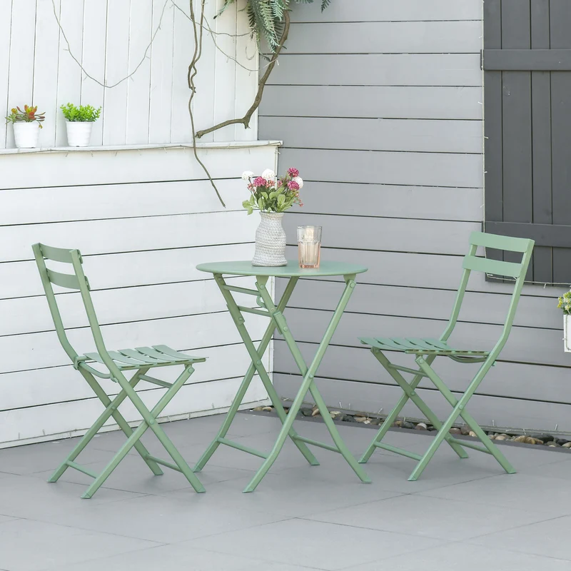 Outsunny Conjunto de Muebles de Jardín Plegable Juego de 1 Mesa Redondo y 2 Sillas de Terraza con Marco de Acero y Respaldo para Balcón Patio Verde Oscuro