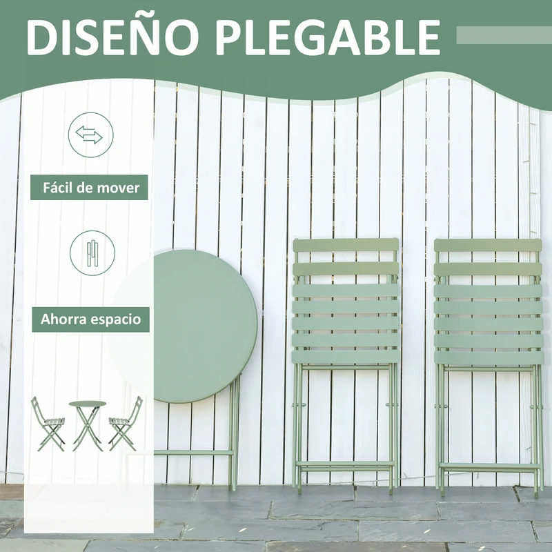 Outsunny Conjunto de Muebles de Jardín Plegable Juego de 1 Mesa Redondo y 2 Sillas de Terraza con Marco de Acero y Respaldo para Balcón Patio Verde Oscuro