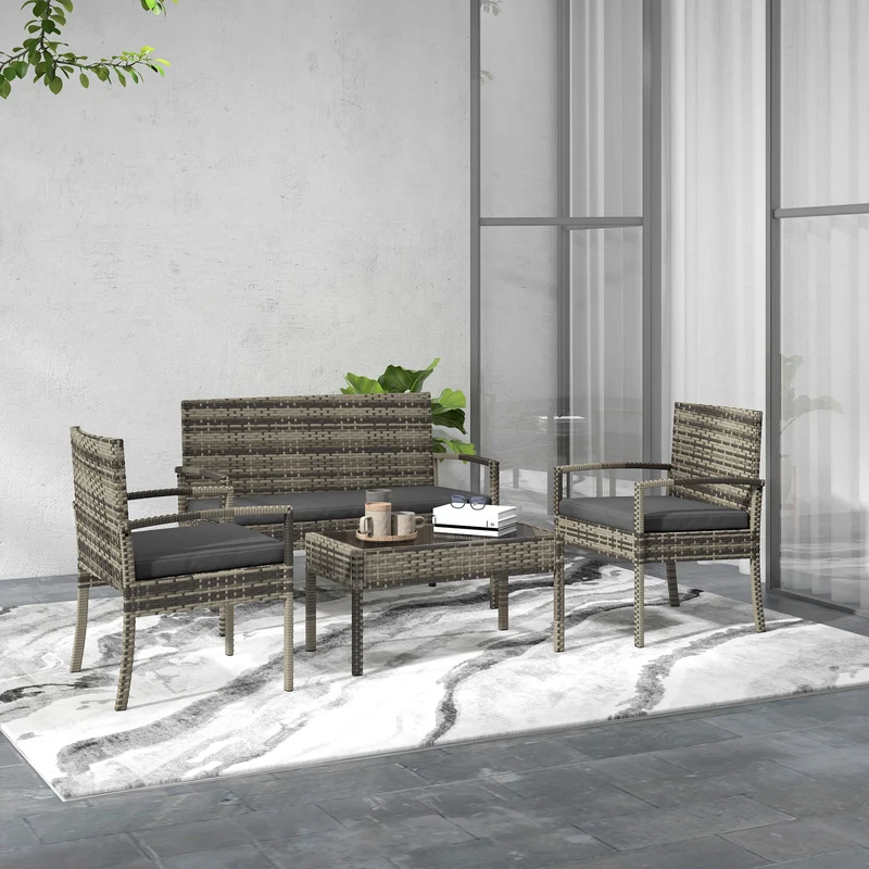 Outsunny Conjunto de Jardín de Ratán Sintético Juego de 4 Piezas Muebles de Jardín con 2 Sillones 1 Sofá de 2 Plazas y 1 Mesa de Centro de Tablero de Vidrio Anti-UV para Patio Gris