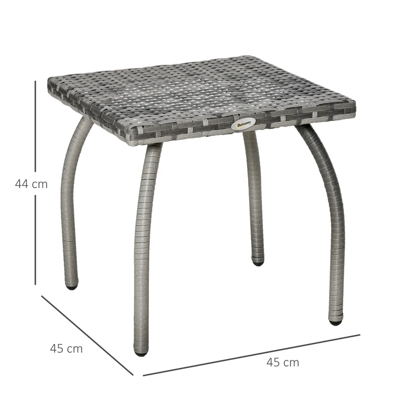 Outsunny Mesa de Jardín de Ratán Mesita Auxiliar con Patas de Metal Carga 30 kg Mesa de Exterior para Patio Terraza Balcón 45x45x44 cm Gris