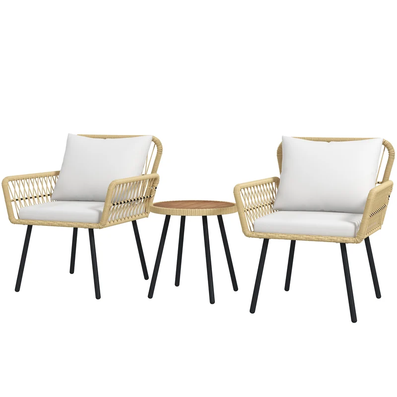 Outsunny Conjunto de Muebles de Jardín Juego de 3 Piezas Sillas y Mesa de Ratán con 2 Sillas 1 Mesa de Centro Redonda y Cojines para Terraza Césped Balcón Natural