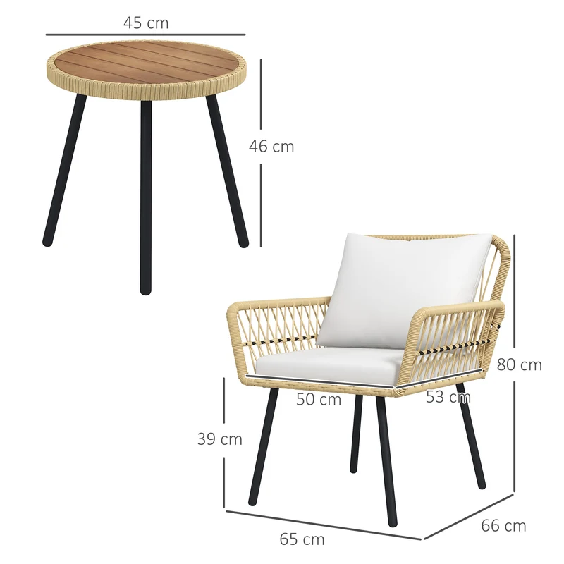 Outsunny Conjunto de Muebles de Jardín Juego de 3 Piezas Sillas y Mesa de Ratán con 2 Sillas 1 Mesa de Centro Redonda y Cojines para Terraza Césped Balcón Natural