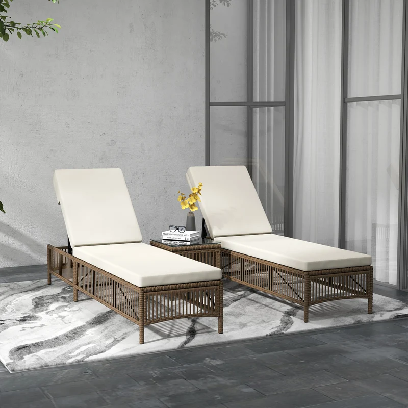 Outsunny Conjunto de 2 Tumbonas de Ratán Tumbonas de Jardín con Mesa de Centro Respaldo Ajustable en 5 Niveles y Cojines 196x54x32 cm Beige