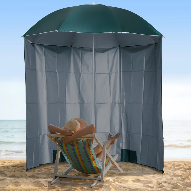 Outsunny Sombrilla de Playa con Panel Lateral Ø220x220 cm Parasol para Terraza con Apertura Manual 8 Varillas de Acero y Bolsa de Transporte para Jardín Piscina Verde