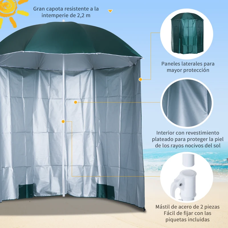 Outsunny Sombrilla de Playa con Panel Lateral Ø220x220 cm Parasol para Terraza con Apertura Manual 8 Varillas de Acero y Bolsa de Transporte para Jardín Piscina Verde