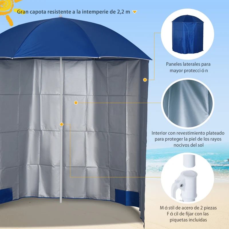 Outsunny Sombrilla de Playa con Panel Lateral Ø220x220 cm Parasol para Terraza con Apertura Manual 8 Varillas de Acero y Bolsa de Transporte para Jardín Piscina Azul
