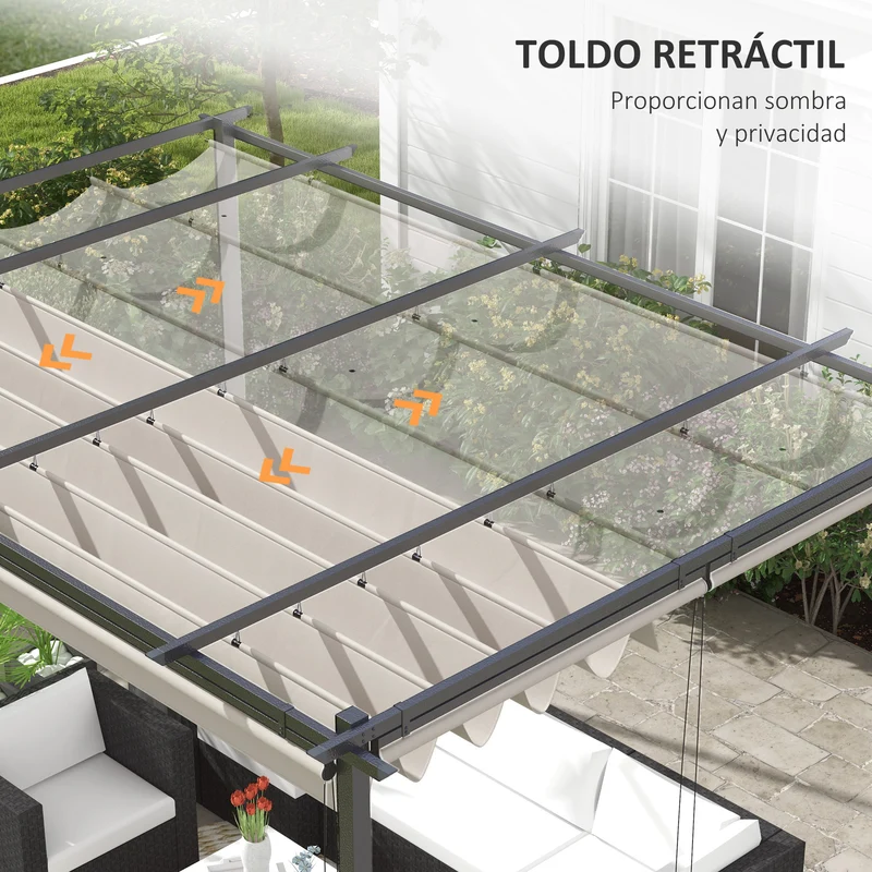 Outsunny Pérgola de Jardín 4x3 m Cenador para Exterior con Techo Retráctil 4 Cortinas Enrollables de Poliéster y Marco de Metal para Patio Terraza Crema
