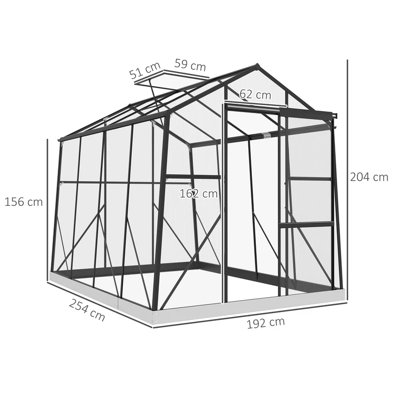 Outsunny Invernadero de Jardín Policarbonato 2x2,5x2 m Invernadero de Huerto Vivero Casero con Marco de Aleación de Aluminio Ventana Regulable en 5 Niveles y Base para Cultivo Transparente y Negro