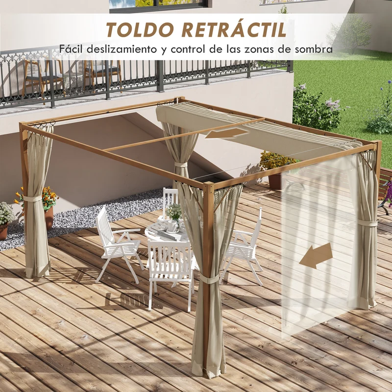 Outsunny Pérgola de Jardín 4x3 m con Marco de Aluminio Cenador para Exterior con Techo Retráctil Mosquiteras Laterales de Malla para Terraza Patio Natural