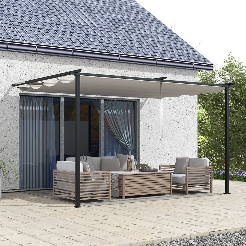 Outsunny Pérgola de Pared de Jardín 4x3 m Gazebo Exterior Cenador con Techo Retráctil Tela de Poliéster y Marco de Acero para Patio Terraza Balcón Crema
