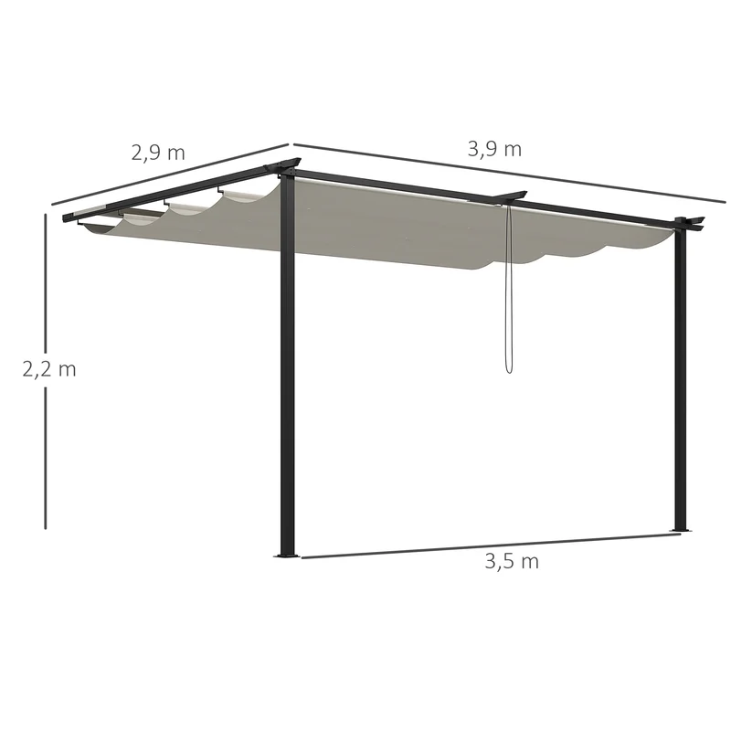 Outsunny Pérgola de Pared de Jardín 4x3 m Gazebo Exterior Cenador con Techo Retráctil Tela de Poliéster y Marco de Acero para Patio Terraza Balcón Crema