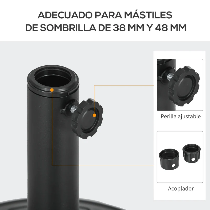 Outsunny Base de Sombrilla Redondo Soporte para Parasol de HDPE Rellenable de Cemento Peso 13 kg para Poste de Parasol de Ø38/48 mm Ø43x32 cm Negro