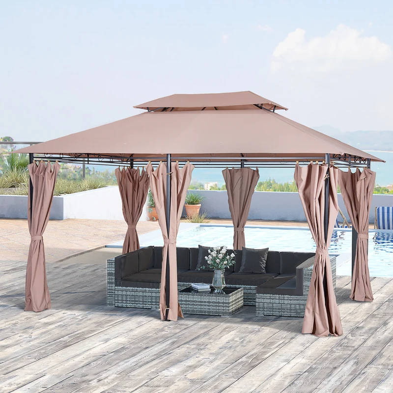 Outsunny Cenador para Jardín 3x4 m Pérgola de Jardín Gazebo con Doble Techo Paredes Laterales Resistente al Agua Carpa para Exterior Terraza Patio Caqui