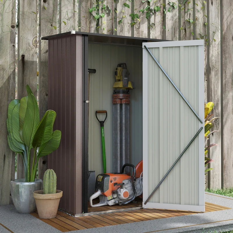 Outsunny Caseta de Jardín 1,07 m² 142x84x189 cm Cobertizo Exterior Metálico con Puerta Cerradura y Orificios de Drenaje para Almacenamiento de Herramientas Marrón