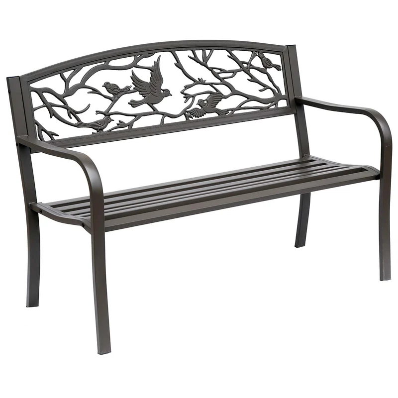 Outsunny Banco de Jardín de Acero Banco de Exterior con Apoyabrazos y Respaldo con Imagen de Animales Carga 240 kg para Patio Terraza 127x60x85 cm Marrón