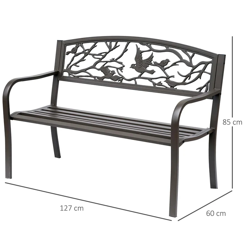 Outsunny Banco de Jardín de Acero Banco de Exterior con Apoyabrazos y Respaldo con Imagen de Animales Carga 240 kg para Patio Terraza 127x60x85 cm Marrón