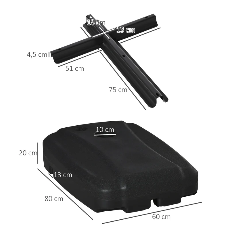 Outsunny Base de Sombrilla con 2 Ruedas Rellenable de Agua 80 kg Arena 90 kg o Mixto 100 kg Soporte de Parasol para Base Cruzada para Jardín Patio Terraza 80x60x20 cm Negro