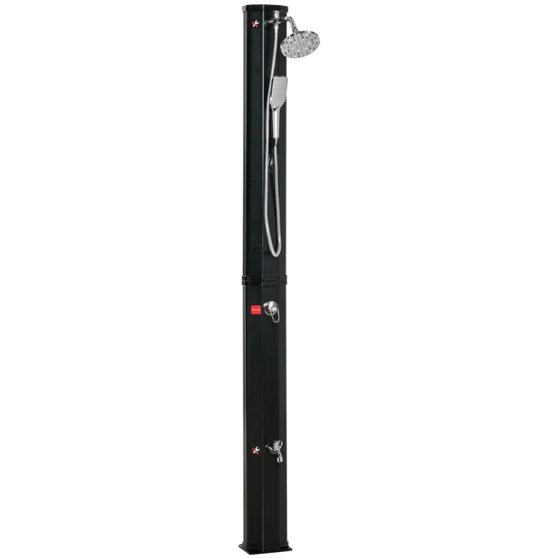 Outsunny Ducha Solar de Exterior 35 L Ducha de Jardín con 2 Cabezales de Ducha Grifo y Agua Caliente 0-55℃ para Piscina Patio Playa 17,5x14,5x216 cm Negro