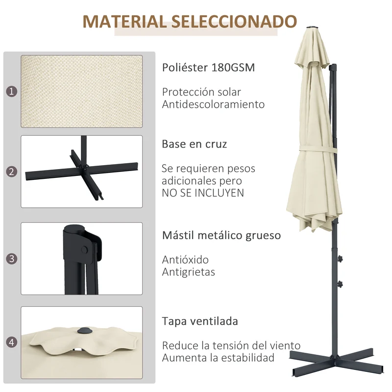 Outsunny Sombrilla de Jardín Ø294x242 cm Parasol de Terraza con Altura Ajustable Poste Giratorio 360° Ángulo de Techo Ajustable y Ventilación Superior para Patio Piscina Crema