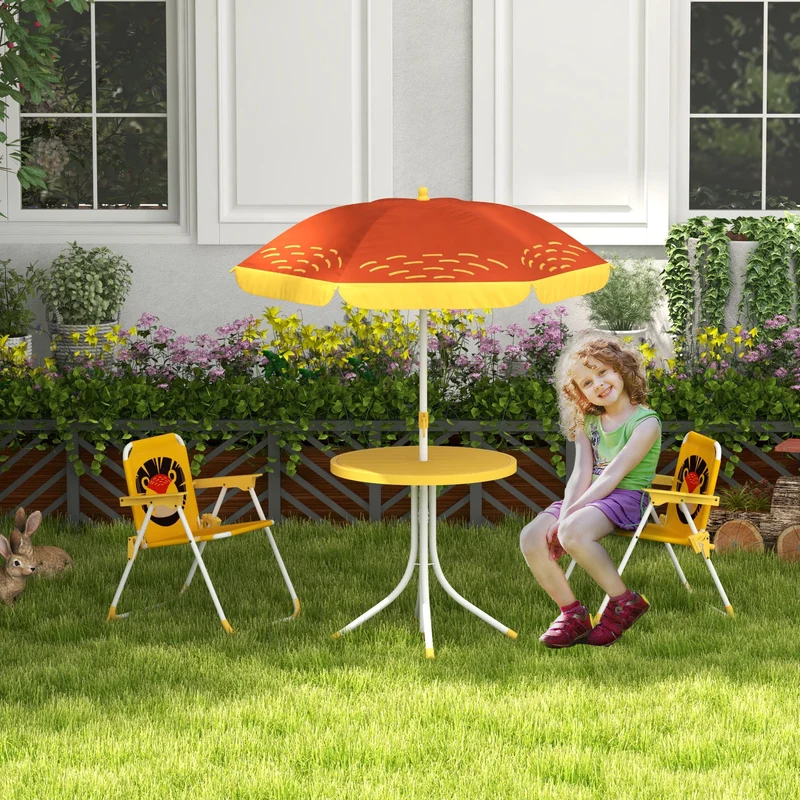 Outsunny Conjunto de Mesa y Sillas para Exterior Infantil Set de 2 Sillas Plegables y Mesa para Niños Mesa con Sombrilla Ajustable en Altura Temática de León para Jardín Patio Amarillo y Marrón