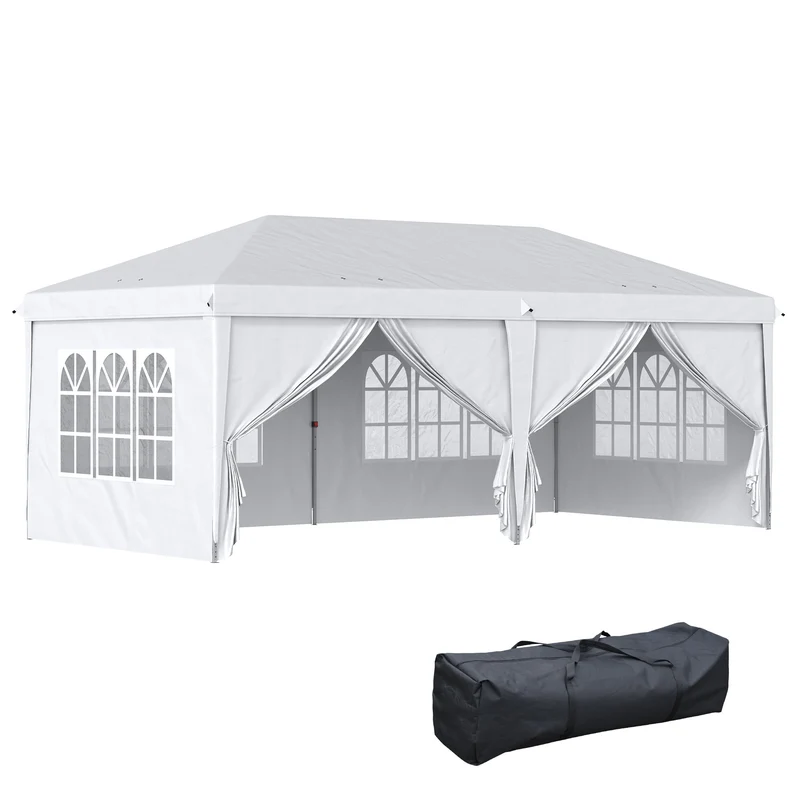 Outsunny Carpa Plegable 6x3x2,7 m Cenador de Jardín Gazebo Plegable con 4 Paneles 4 Ventanas 2 Puertas con Cremallera 1 Bolsa Anti-UV Impermeable para Exterior Terraza Patio Playa Blanco