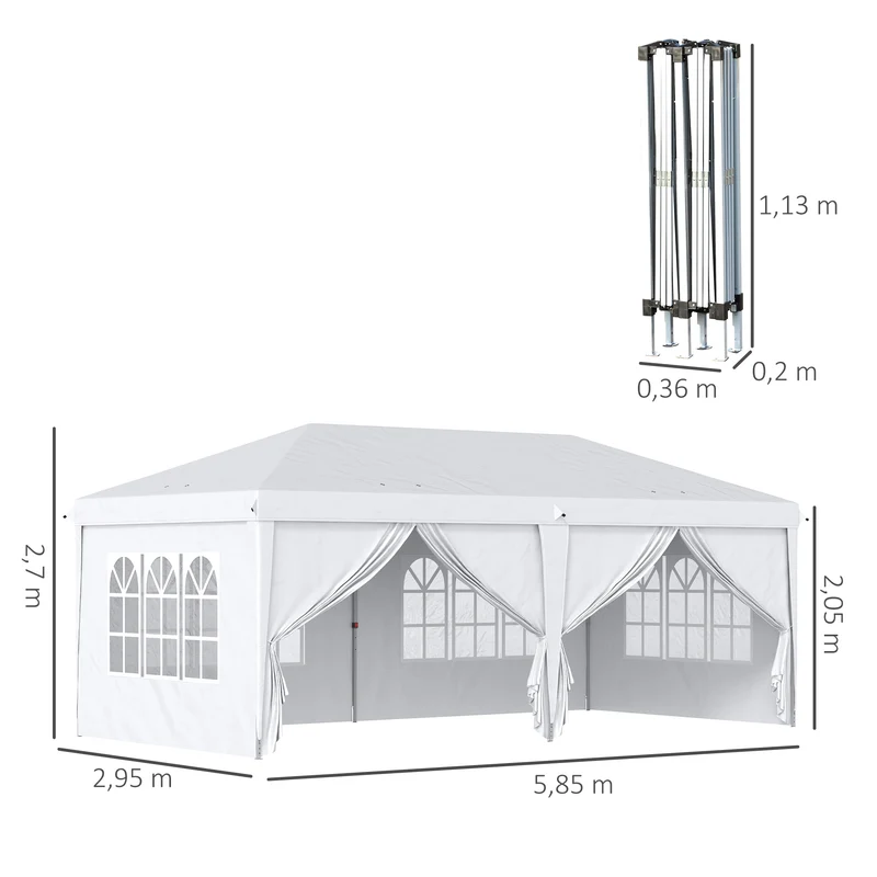 Outsunny Carpa Plegable 6x3x2,7 m Cenador de Jardín Gazebo Plegable con 4 Paneles 4 Ventanas 2 Puertas con Cremallera 1 Bolsa Anti-UV Impermeable para Exterior Terraza Patio Playa Blanco