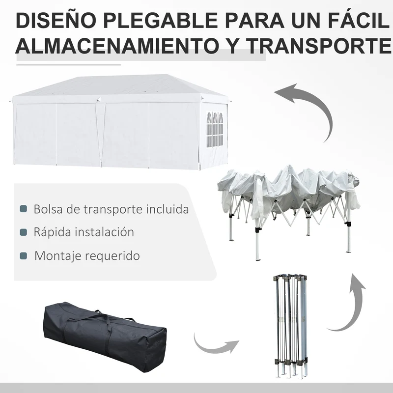 Outsunny Carpa Plegable 6x3x2,7 m Cenador de Jardín Gazebo Plegable con 4 Paneles 4 Ventanas 2 Puertas con Cremallera 1 Bolsa Anti-UV Impermeable para Exterior Terraza Patio Playa Blanco