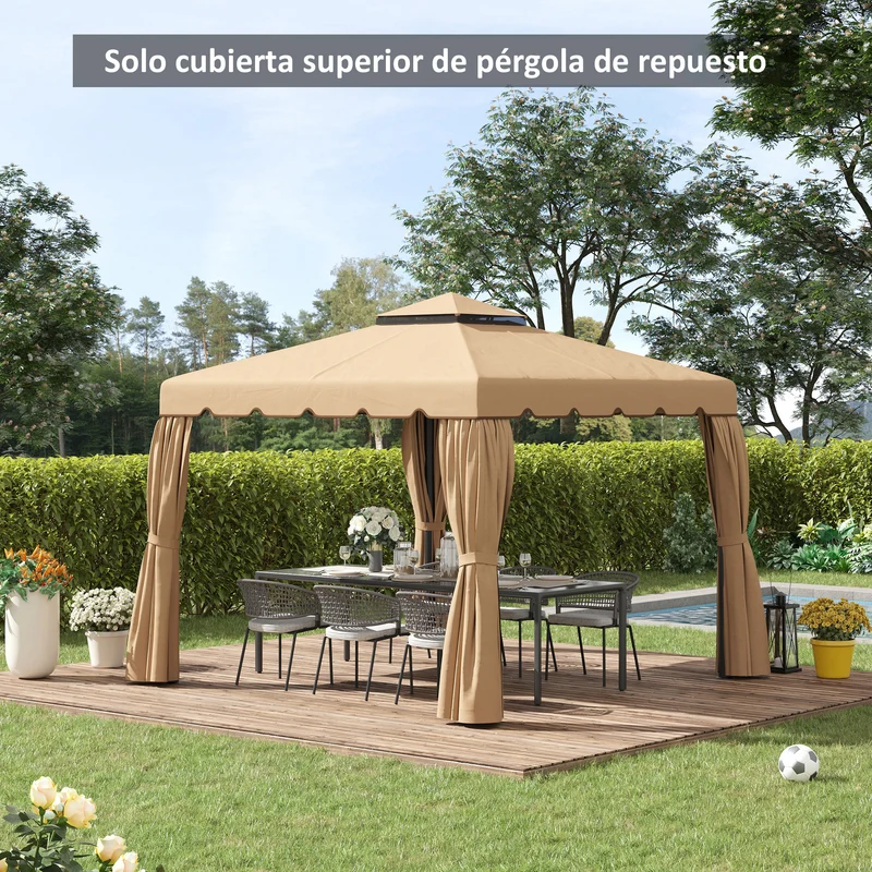 Outsunny Techo de Repuesto para Cenador 3x3 m Cubierta de Repuesto con Techo Doble con 8 Orificios de Drenaje Toldo de Recambio para Pabellón Gazebo Caqui