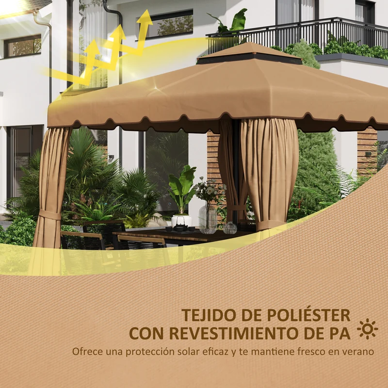 Outsunny Techo de Repuesto para Cenador 3x3 m Cubierta de Repuesto con Techo Doble con 8 Orificios de Drenaje Toldo de Recambio para Pabellón Gazebo Caqui