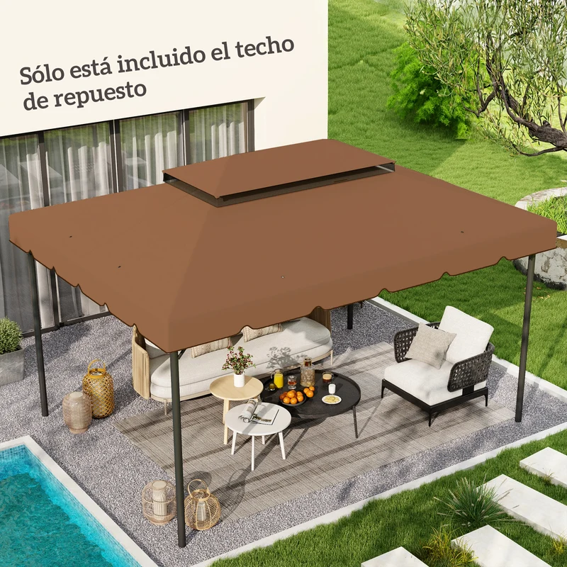 Outsunny Techo de Repuesto para Cenador 4x3 m Cubierta de Repuesto con Techo Doble con 8 Orificios de Drenaje Toldo de Recambio para Pabellón Gazebo Café