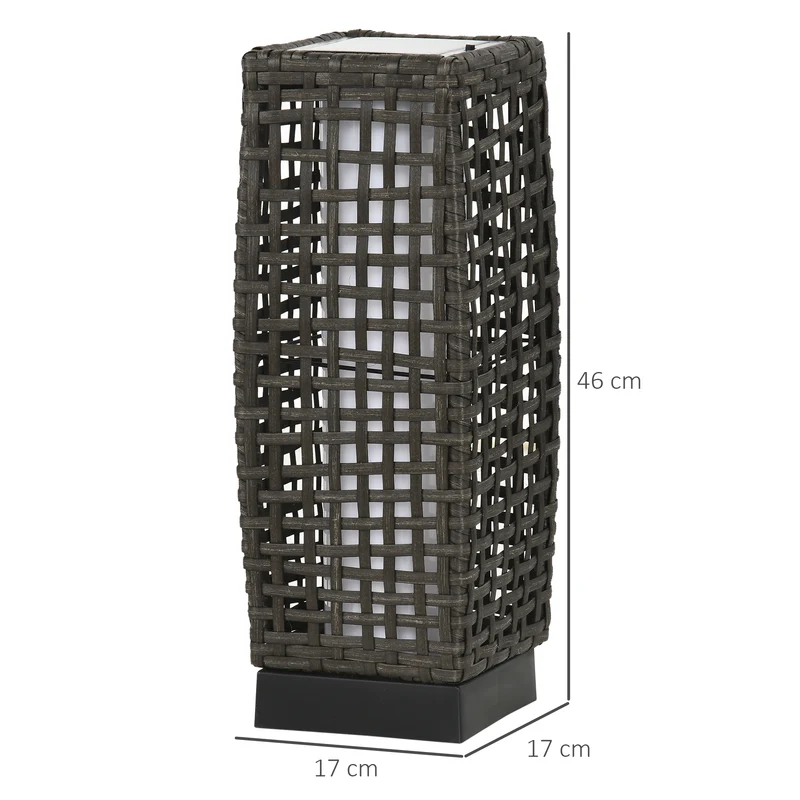 Outsunny Linterna de Jardín de Ratán Sintético Luces Solares Exterior con Luces LED Encendido/Apagado Automático para Terraza Balcón Patio 17x17x46 cm Gris