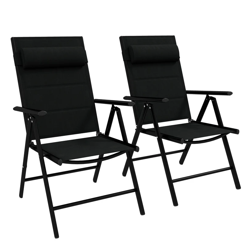 Outsunny Conjunto de 2 Sillas de Camping Plegables Sillas de Jardín con Marco de Aluminio Reposacabezas y Reposabrazos Carga 130 kg para Terraza Playa 54x67x108 cm Negro