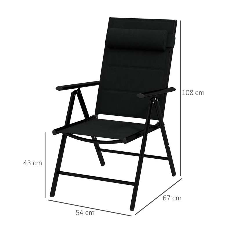 Outsunny Conjunto de 2 Sillas de Camping Plegables Sillas de Jardín con Marco de Aluminio Reposacabezas y Reposabrazos Carga 130 kg para Terraza Playa 54x67x108 cm Negro