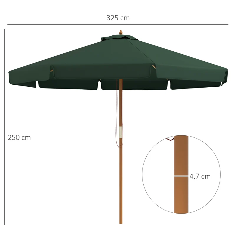 Outsunny Sombrilla Terraza Exterior Ø325 cm Sombrilla de Jardín con Sistema de Polea Techo Ventilado 8 Varillas de Bambú y Poste de Madera Parasol para Patio Terraza Verde