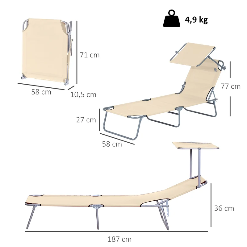Outsunny Tumbona Plegable Tumbona de Jardín Exterior Reclinable con Toldo Desmontable con Ángulo Regulable Respaldo Ajustable en 4 Niveles para Terraza Piscina Patio 187x58x36 cm Beige