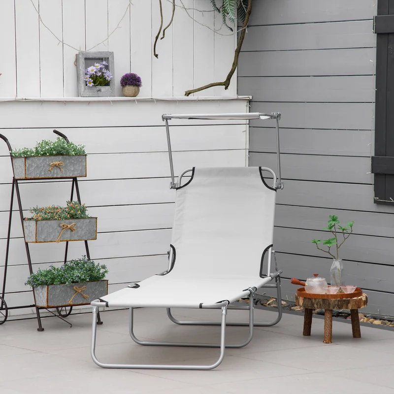 Outsunny Tumbona Plegable Tumbona de Jardín Exterior Reclinable con Toldo Desmontable con Ángulo Regulable Respaldo Ajustable en 4 Niveles para Terraza Piscina Patio 187x58x36 cm Gris Claro